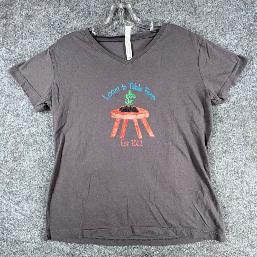 LAT Apparel Ladies Large V-Neck T-Shirt Loam to Table Farm Graphic Gray Cotton L